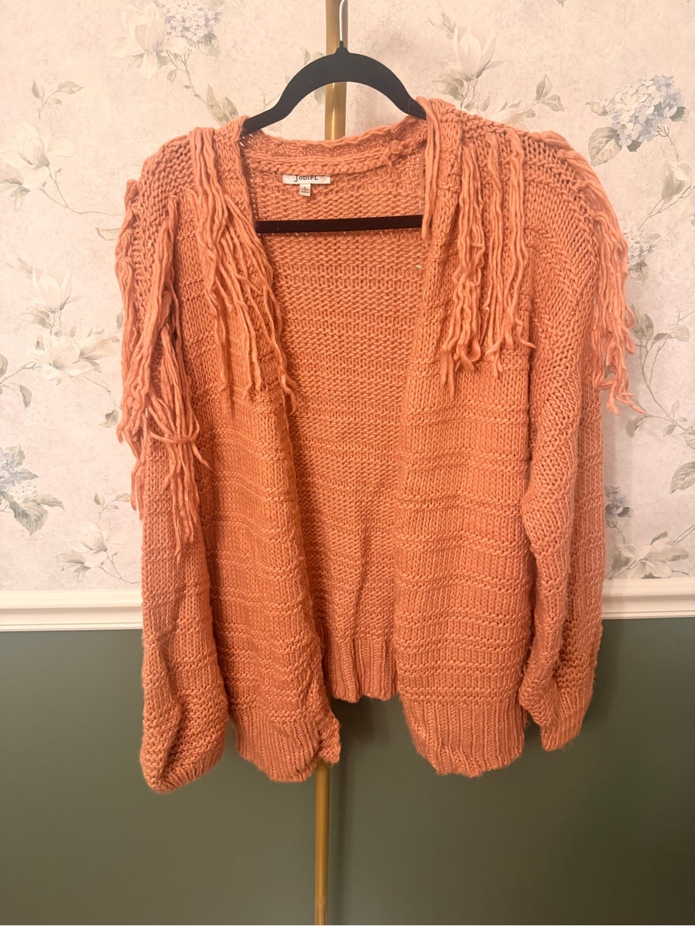 JODIFL Peach Fringe Open-Front Knit Cardigan